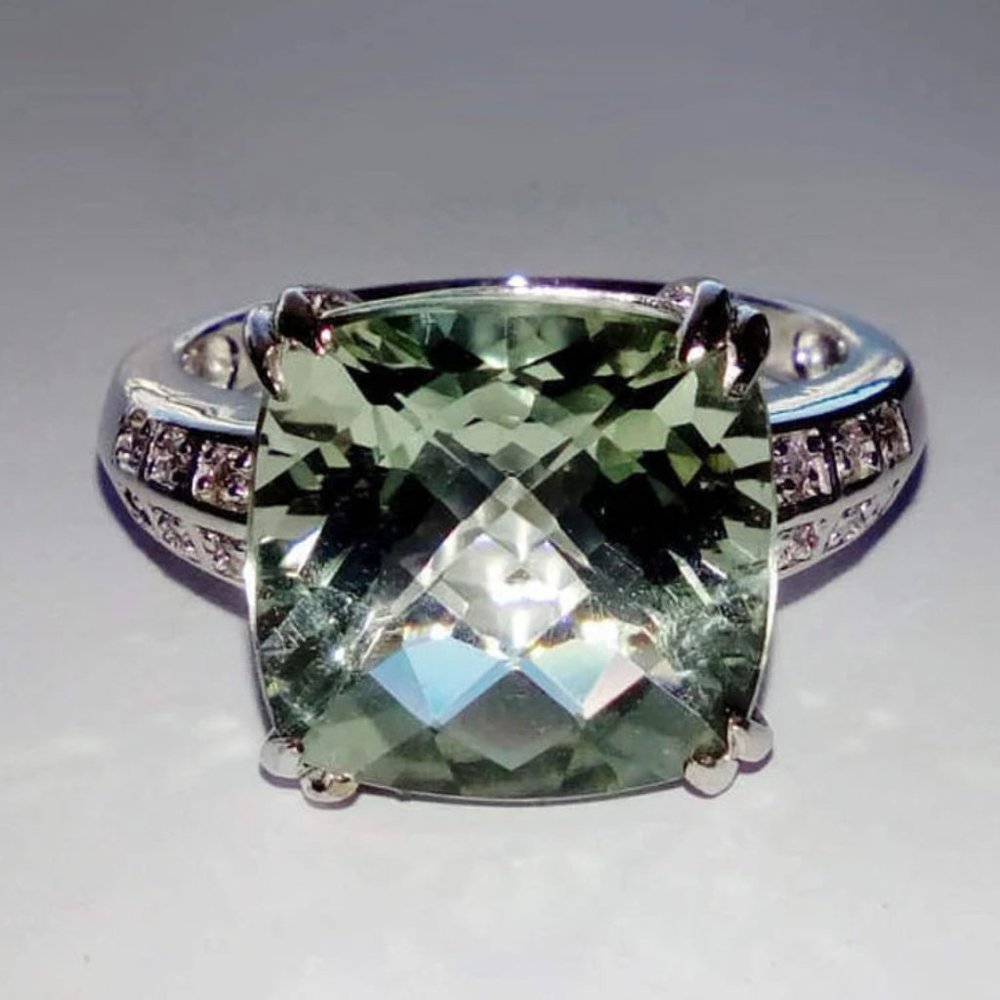 Natural Green Quartz Prasiolite In 14K White Gold Diamond Accents Cocktail Ring